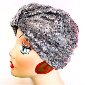 Gun metal gray all over sequined pinup turban cloche hat